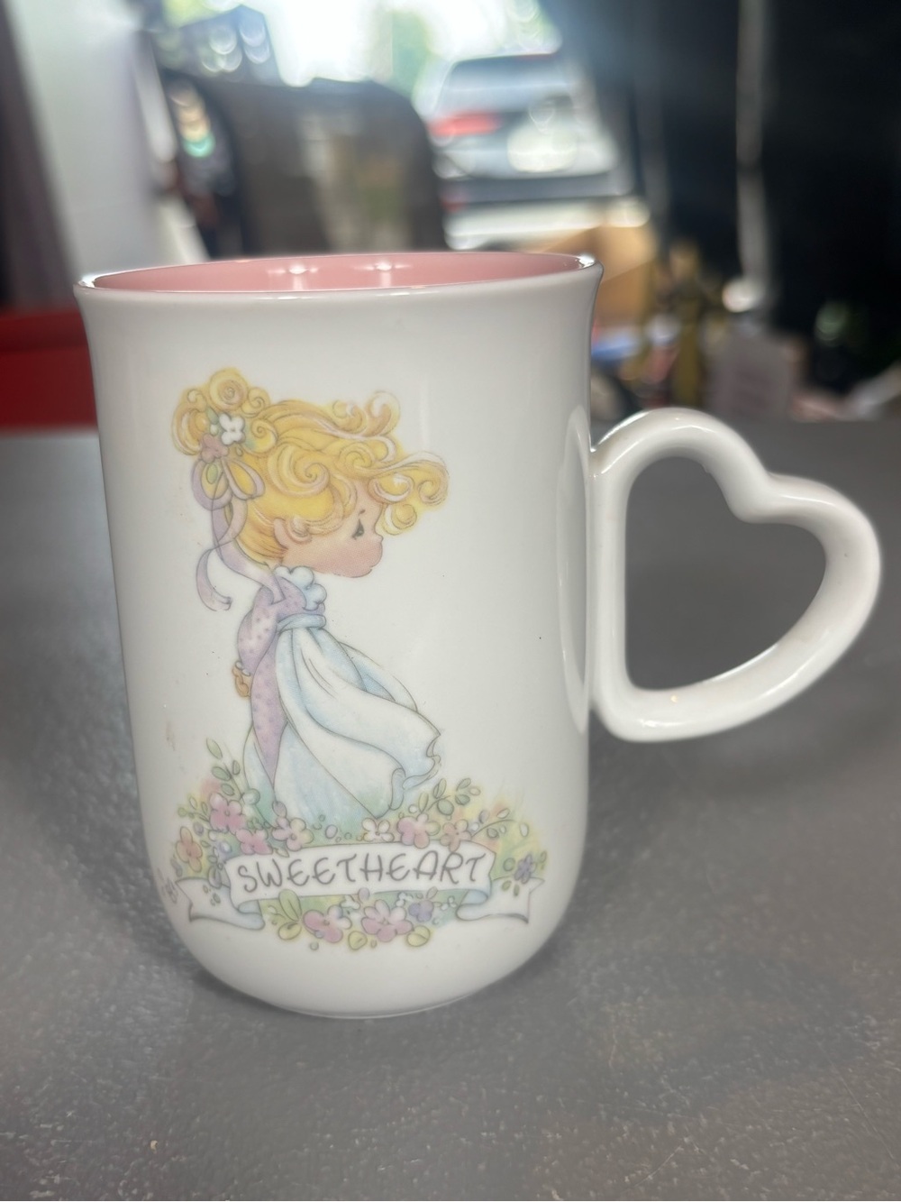 1990 Precious Moments Sweetheart Mug Heart Handle Pink Interior Enesco Korea